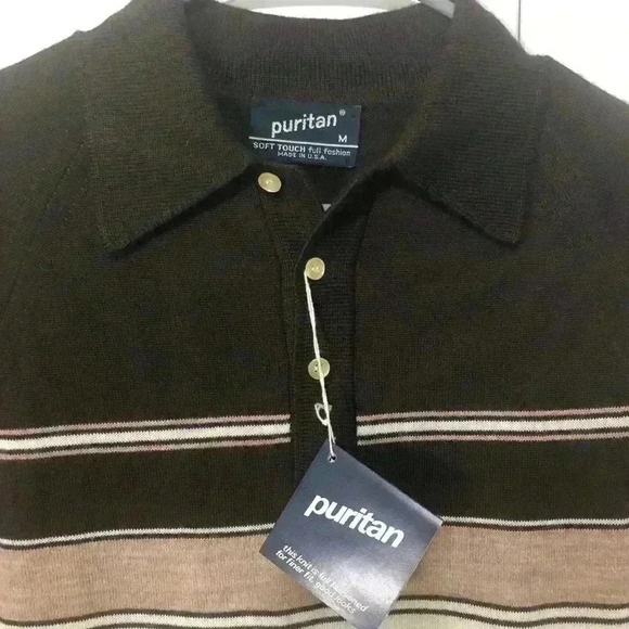 Puritan Vintage Mens Grandpa Brown Cream Long Sleeve Polo Sweater Sz Medium NWT - Picture 2 of 11